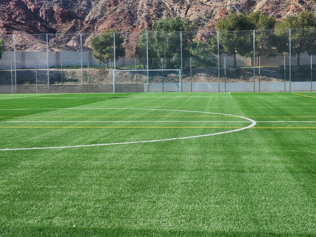 Imagen del campo de fútbol, ya terminado. Líneas recién pintadas.