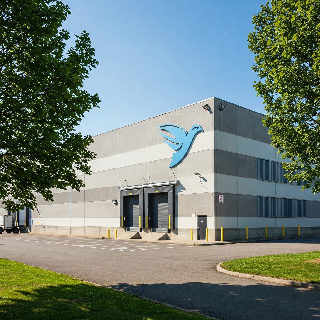 Es una imagen con luz de día soleado, se ve en la imagen una nave industrial sin nombre solo con un logo de color azul celeste en forma de pajaro.